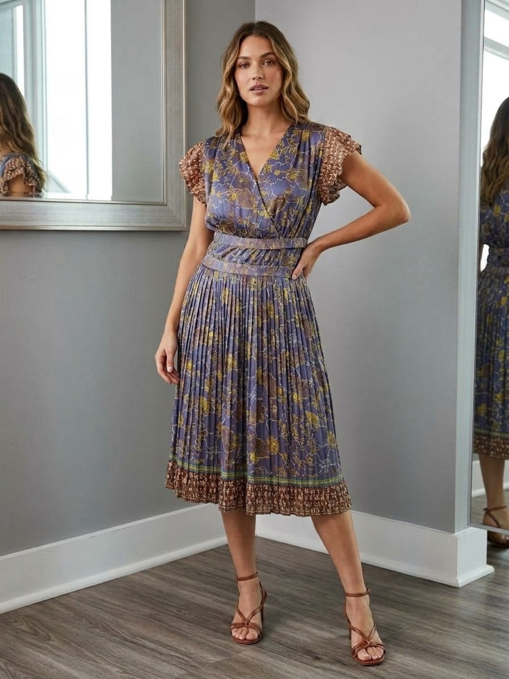 NWT Current Air x Anthropologie Pleated Floral Cottage Boho MIDI Dress Small.